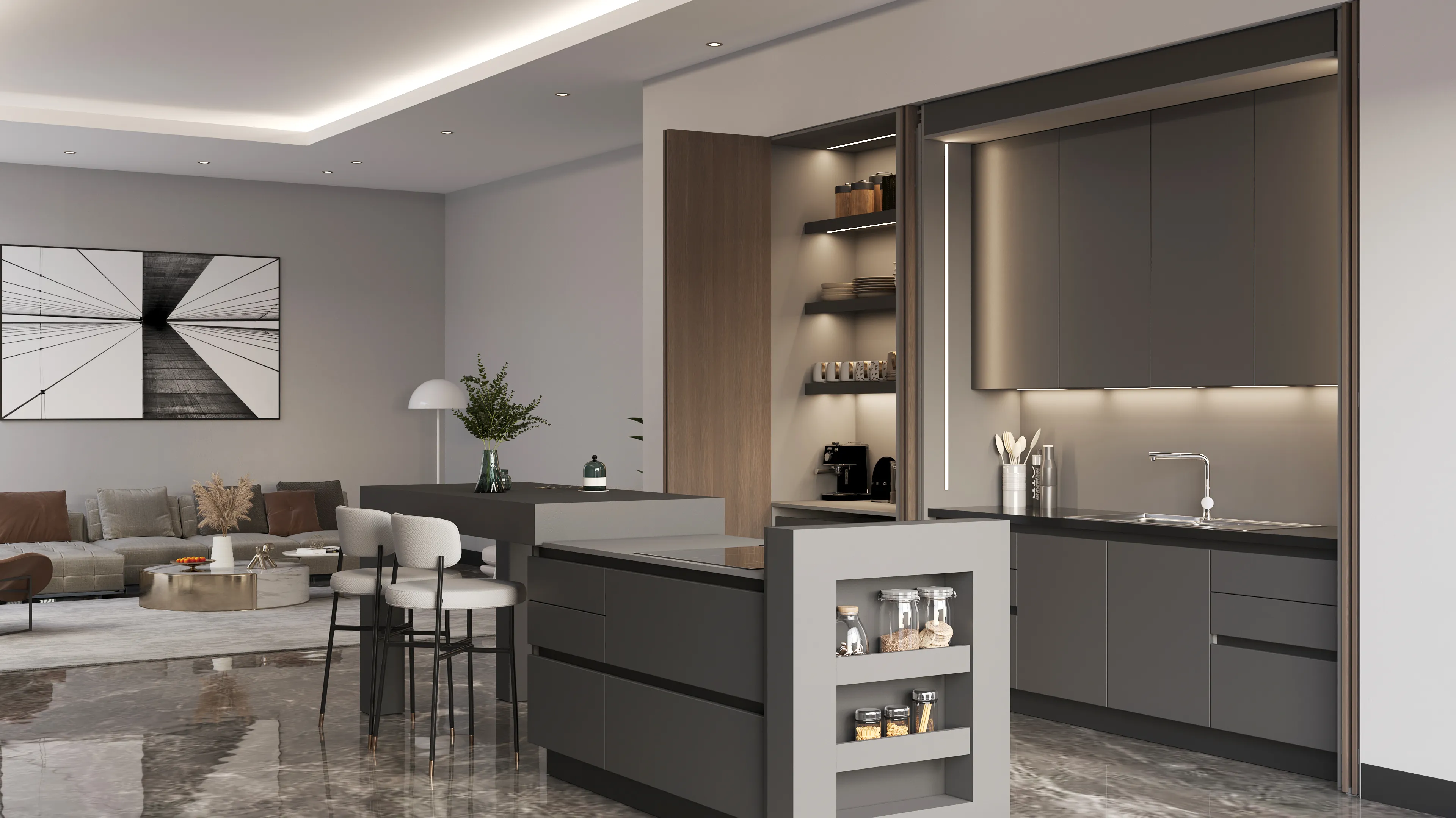 Uzay Mutfak modern koleksiyonunda sade yüzeyli mutfak dolapları